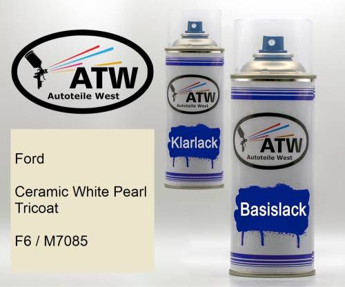 Ford, Ceramic White Pearl Tricoat, F6 / M7085: 400ml Sprühdose + 400ml Klarlack - Set, von ATW Autoteile West.